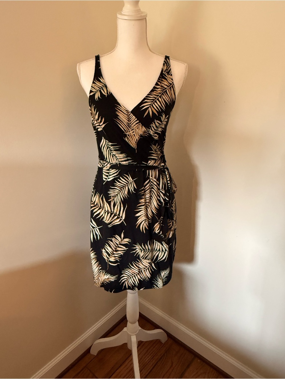 Black Palm-Print Sleeveless Wrap Mini Dress